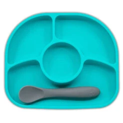 Assiette à Compartiments Ventousée Et Cuillère En Silicone Bleu Et Gris BBLUV