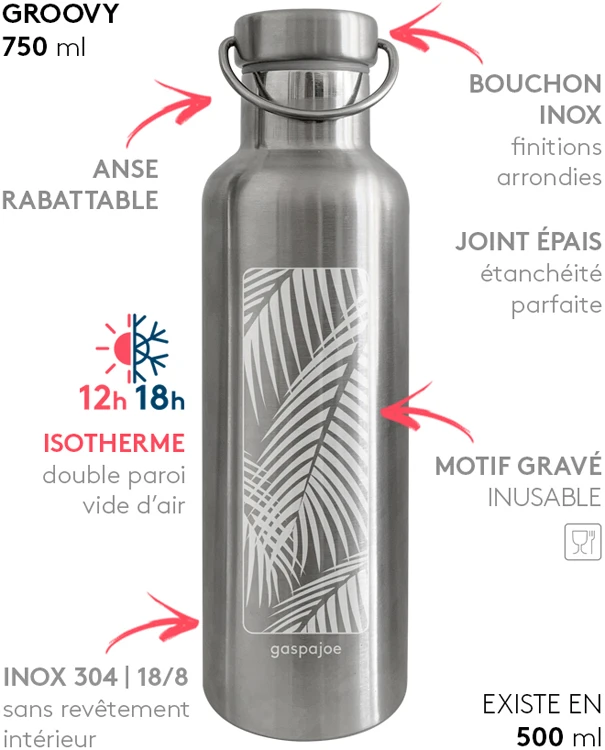 Gourde En Inox Isotherme 750 Ml Groovy Palmier GASPAJOE 4 Gourde En Inox Isotherme 750 Ml Groovy Palmier GASPAJOE – Image 2